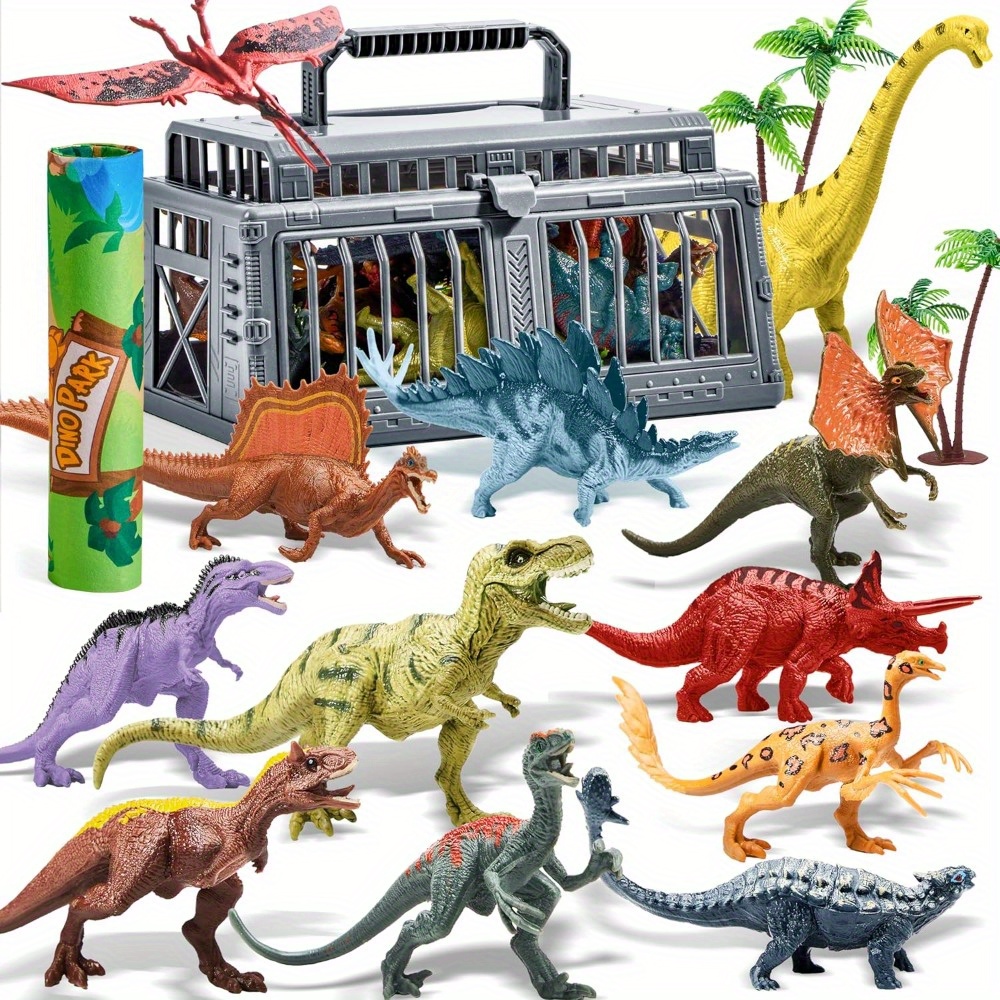 TEMU Jouets Dinosaure avec Tapis d'Activités et Cage de Rangement, 19 Figurines de Dinosaures Réalistes et Arbres pour Tout-Petits et Enfants de 12