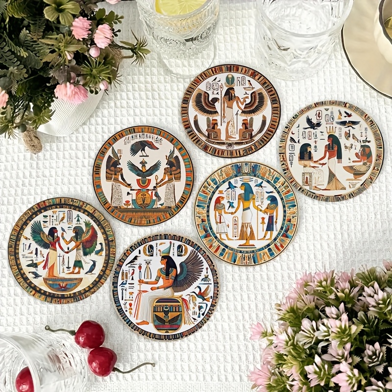 TEMU Lot de 6 sous-verres sur le thème égyptien pour toutes les occasions - Protège-tables en bois avec de hiéroglyphiques anciennes, et de pharaons
