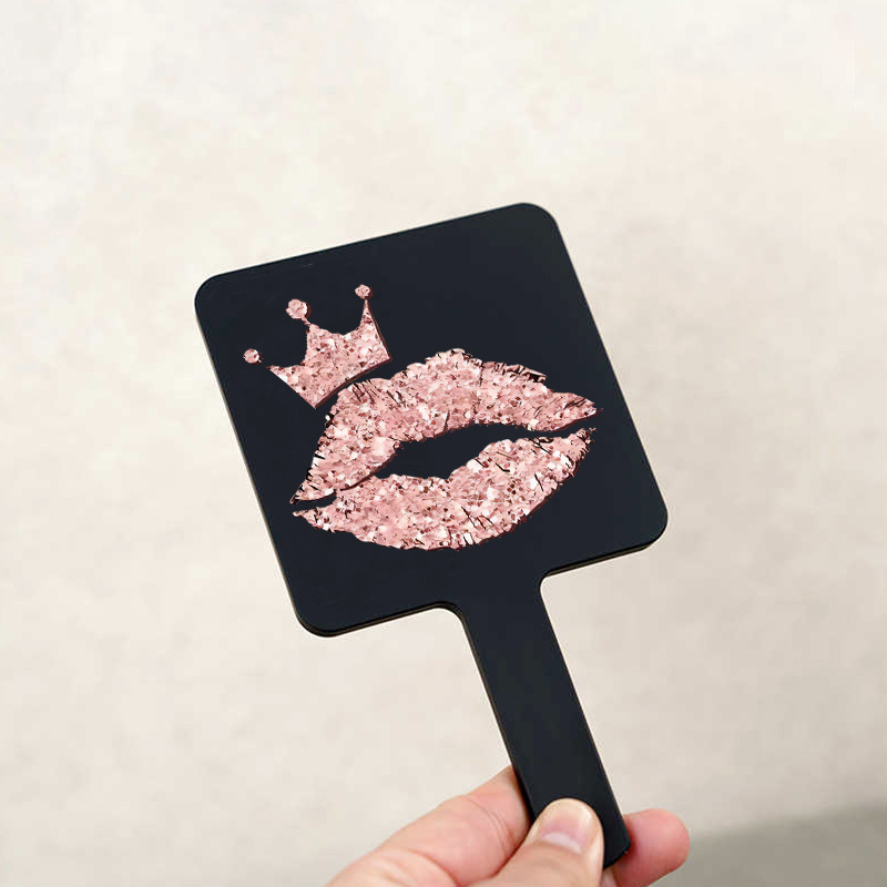 TEMU Portable Handheld Square Mini Handle Mirror - Sparkling Lips With Crown Print - Portable Cartoon Design Plastic Polishedfinish, With Handle Mini