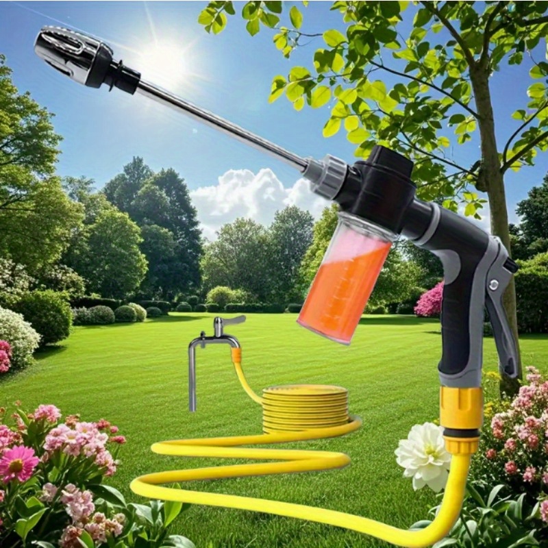 

A High-pressure Water Gun With A Detachable Foam Bottle - Hose Connector, Stainless Steel Surface, Suitable For Lawn Irrigation And Car Washing - For Valentine's Day.