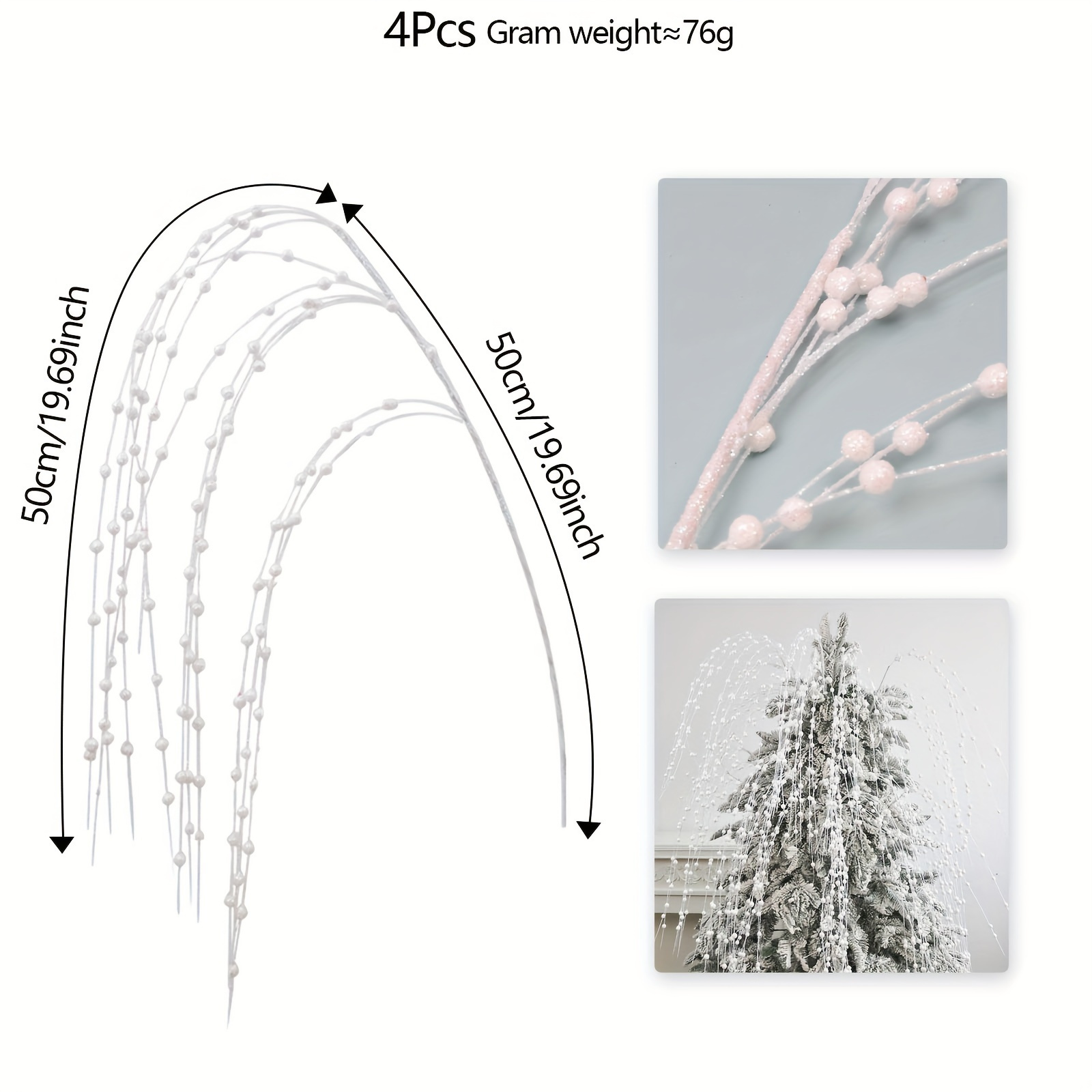 TEMU 4 Branches 39.37-inch Artificial White Branch Decorations, Christmas Decoration Shiny Branches, Flower Arrangement, Garland, Small Vase,