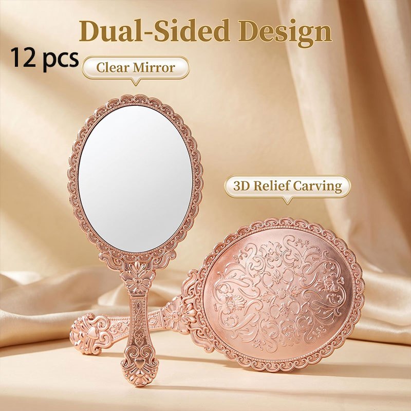TEMU Lot de 12 miroirs de maquillage vintage à main - de voyage à poignée pour femme avec fleurs dorées en , de princesse portable pour bureau, fêtes