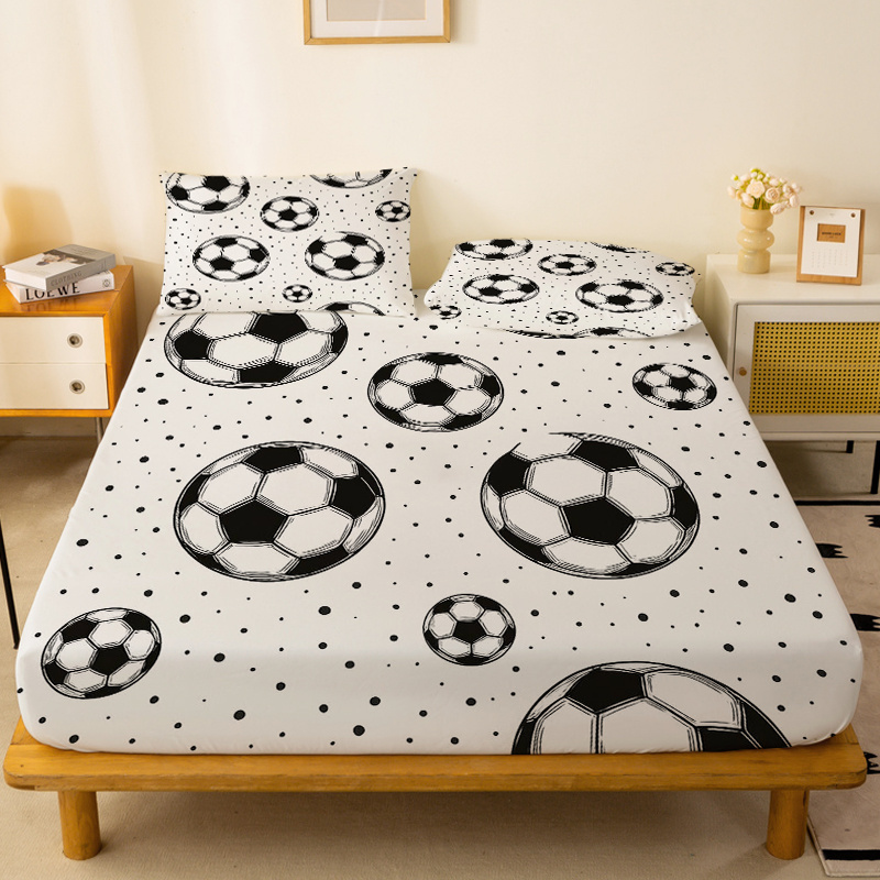 TEMU A 1pc Black And White Football Pattern Bed Cover With A , Featuring A Deep Pocket Fitted Sheet Without Pillowcases. Made From Soft, Comfortable