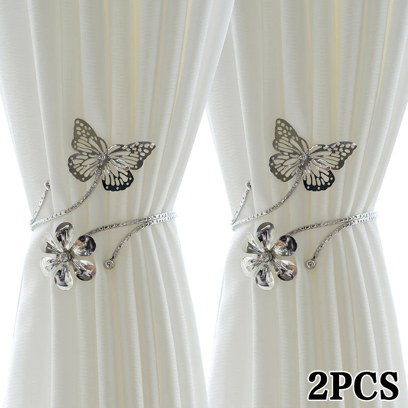 TEMU 2pcs Luxury Golden Silvery Flower Metal Curtain Tie Back No Drilling Adjustable Decor Hanging Rope For Home Indoor Use
