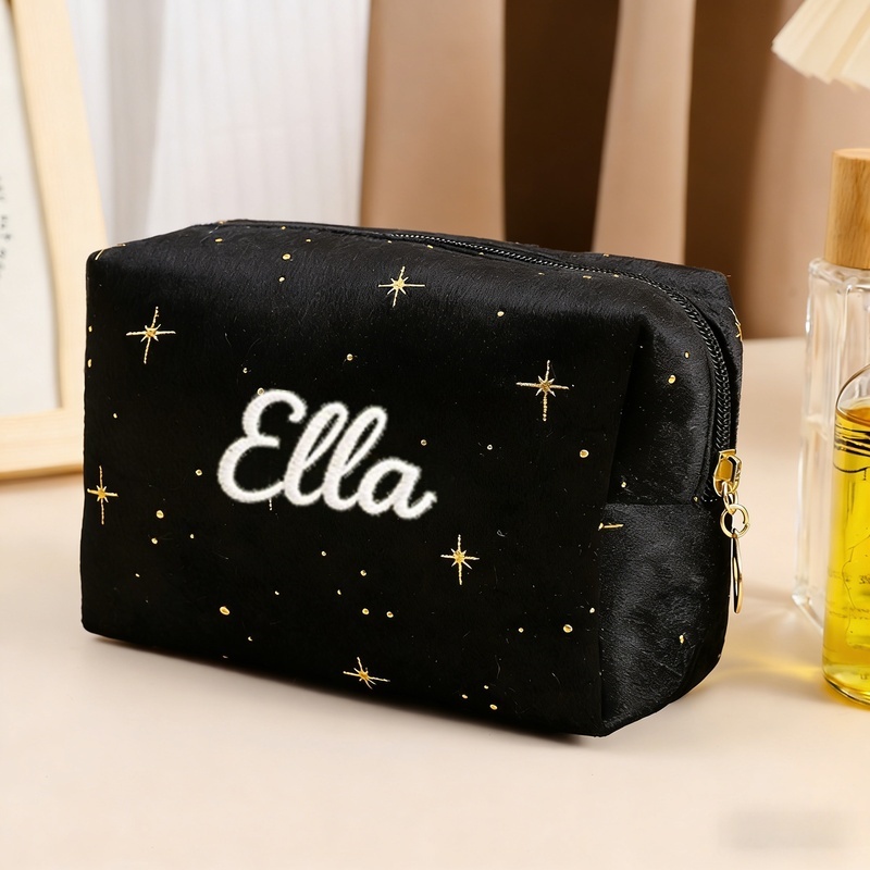 TEMU Customized Personalized Name Embroidered Makeup Bag -- A Large Capacity Makeup Pouch Made Of Satin With Starlight Glitter, With Golden Stars For