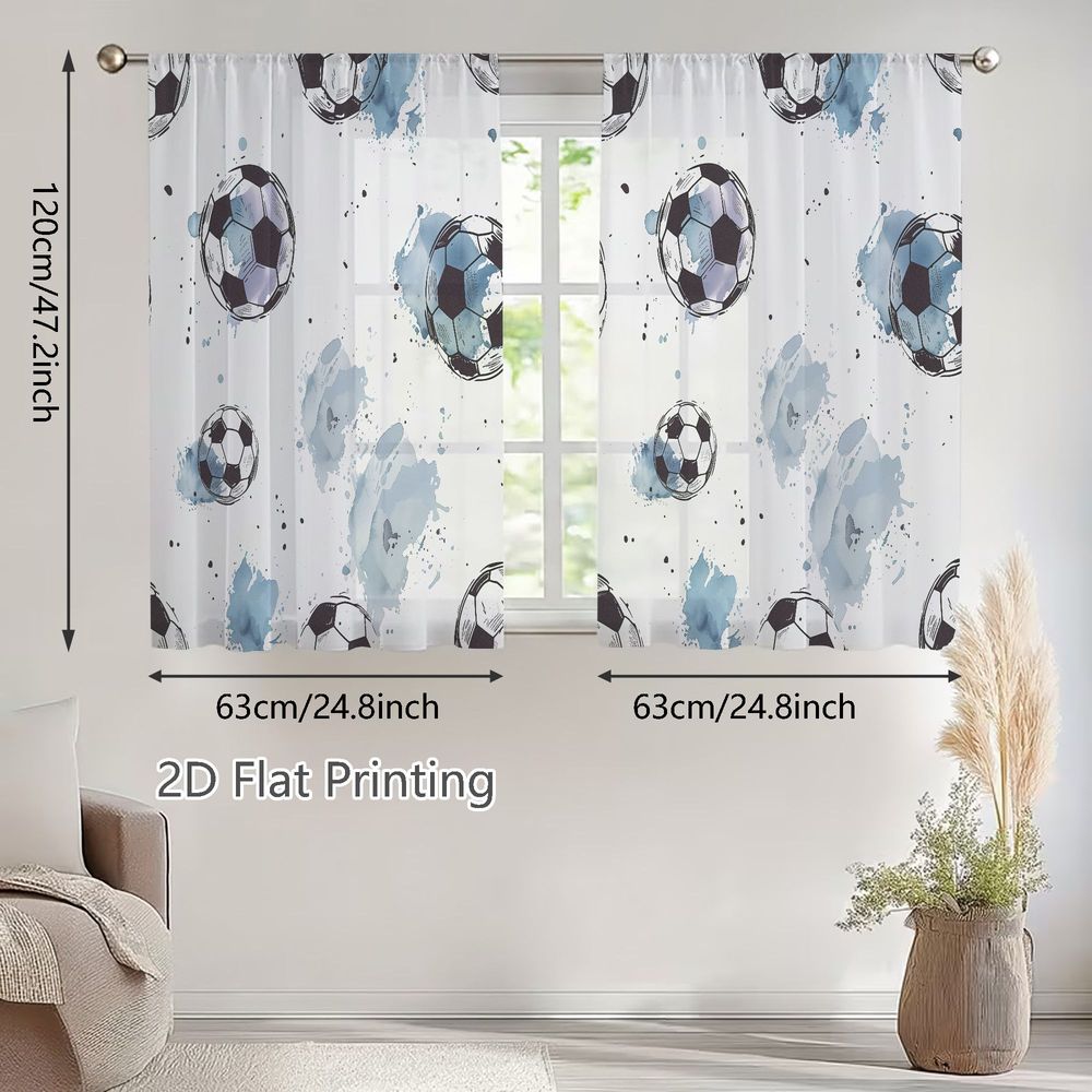 TEMU 2D Plat, Lot de 2 Rideaux Transparents à Thème Football Bohème - Panneaux Semi-Transparents avec Motif Ballon de Football Noir/Blanc et