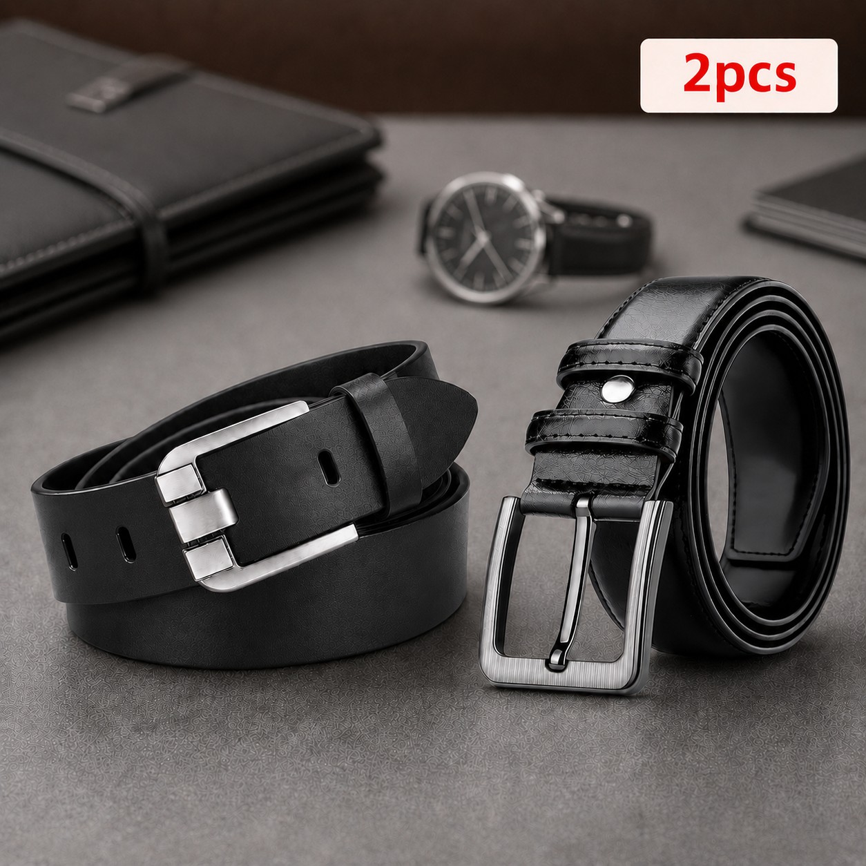 Image of 2pcs Men's Genuine Leather Belt Set - Adjustable Pin Dress Belts Suitable For Jeans, Business & Casual Wear, Classic Textured Belts For Work, Daily Use, Gift For Men, Size (no Size)