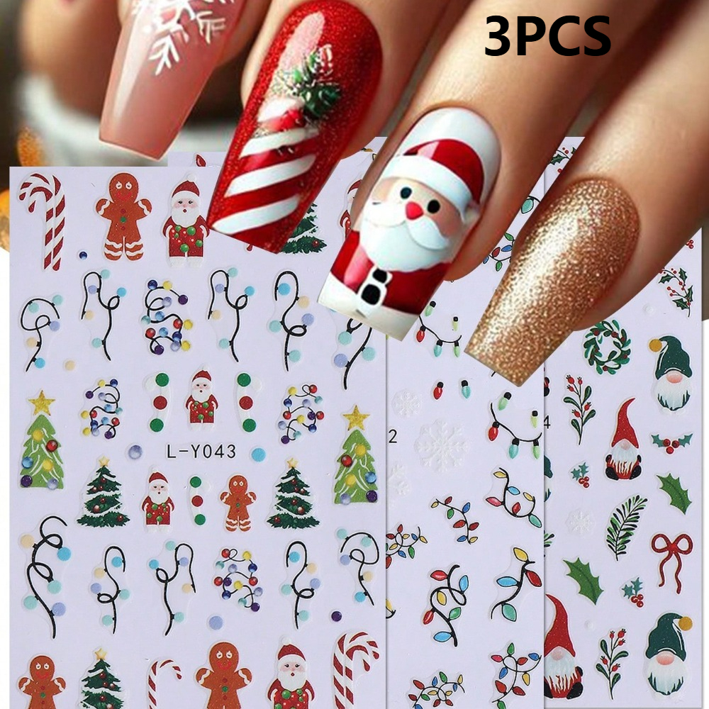 3pcs -the- Christmas & New Year Nail Stickers Suitable For - Self-adhesive 3d Luminous Santa, Snowflake & Gingerbread For Man Decals, Flashing Holiday Nail Art Sliders (diy)