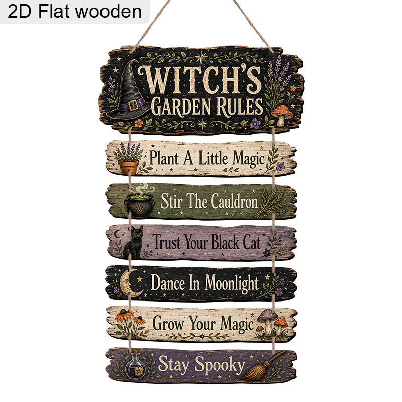 TEMU 2d Flat, 7pcs Halloween Wooden Decorative Plaques, Multiple Wooden Signs With Jute Rope, Printed With Garden Fun Slogans, Featuring Hats, Black