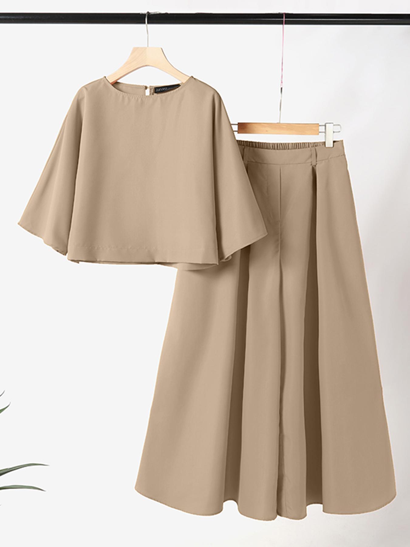 2pcs women sets oversized 3 4 sleeve blouse round neck baggy   and pants wide leg long trousers suits lightweight solid simple casual loose outfit plus size details 1