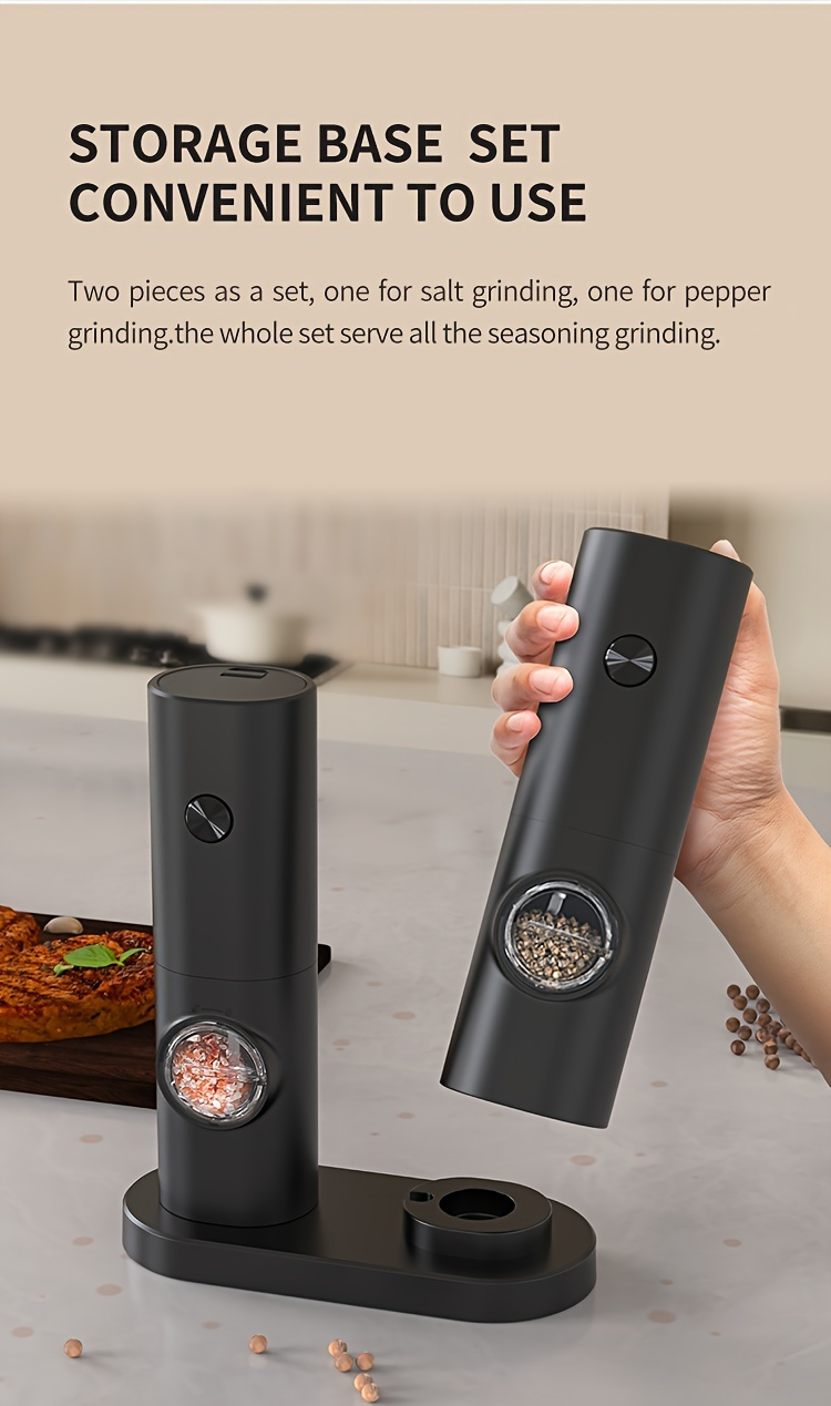 2pcs automatic electric salt and pepper grinder set adjustable coarseness led light battery powered aaa one hand operation ceramic grinder refillable details 6