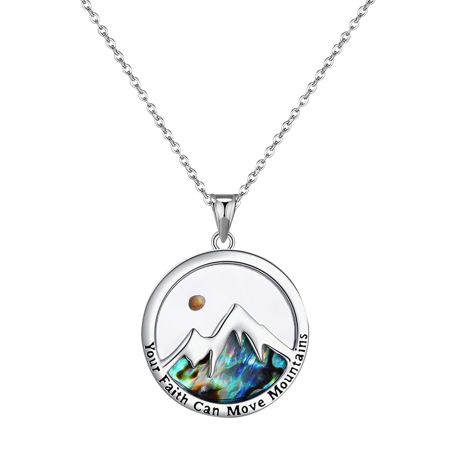 Jewelrywe Mountain Necklace: Women Colorful Abalone Shell Christian Engraved Faith Inspirational Gift Stainless Steel Round Pendant Blue Necklace