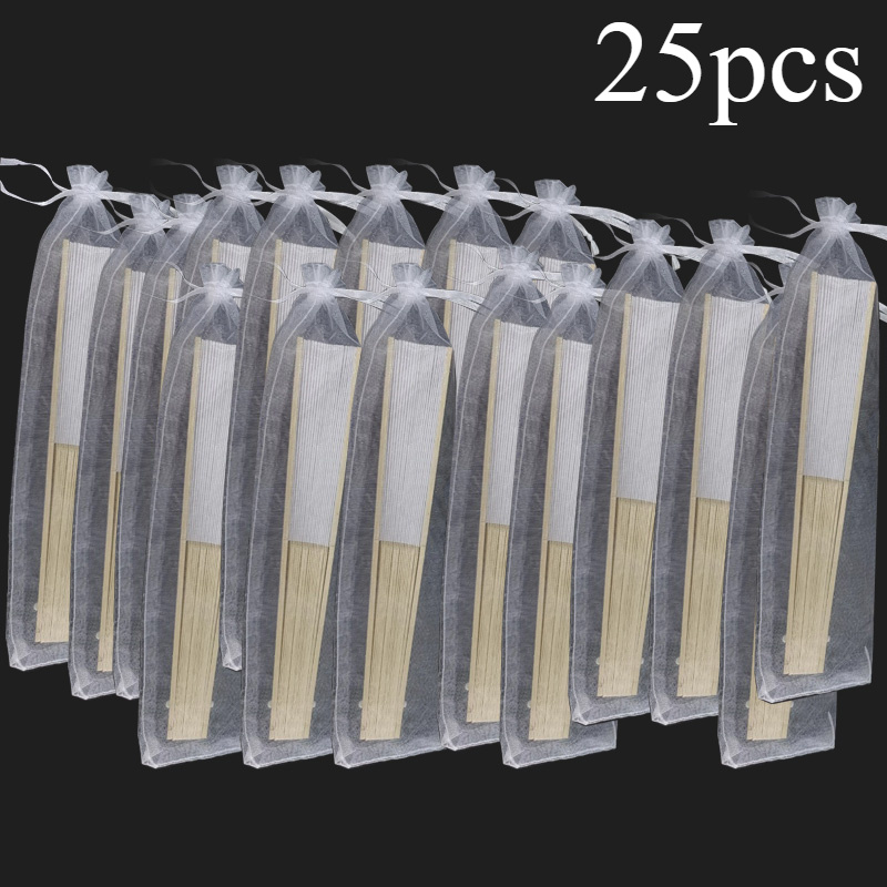 E-shop 25 Stück weiße Papierfächer mit 25 Stück Organza-Fächer-Kordelzugbeuteln, kreative Bambus-Handfächer für Hochzeitsgäste, Partygeschenke,