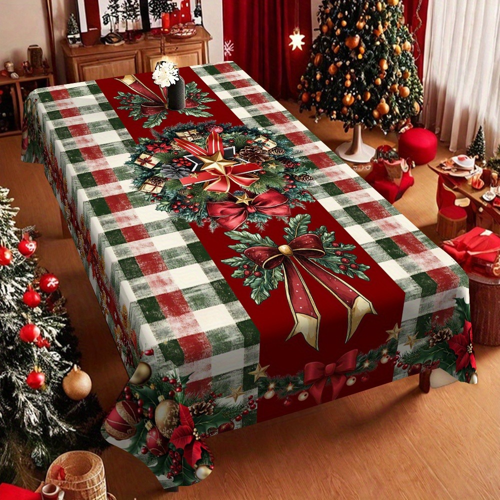 TEMU 1pc Christmas Tablecloth Red And Green Checkered Festive Table Decor With Holly And Bow, Fiber Tablecloth Suitable For Indoor/outdoor Christmas