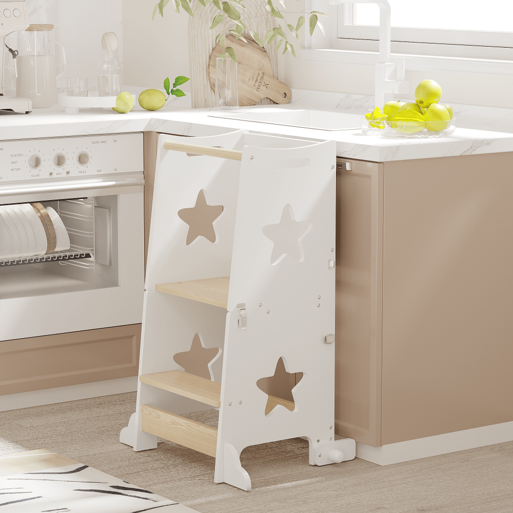 3-In-1 Kitchen Step Stool, Foldable Learning Standing Tower with Blackboard, Wooden Kitchen Stool Helper for Kids, Old Boy Girl Gifts