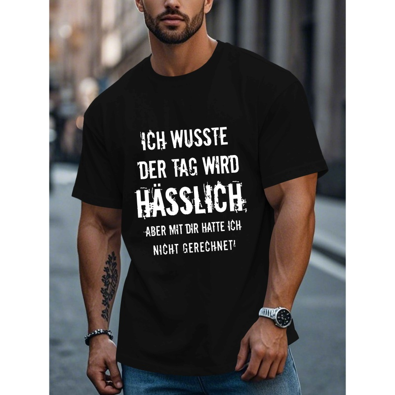 

Men's Casual German Quote T-shirt - Black Polyester, Short Sleeve, Round Neck, Machine Washable Summer Top