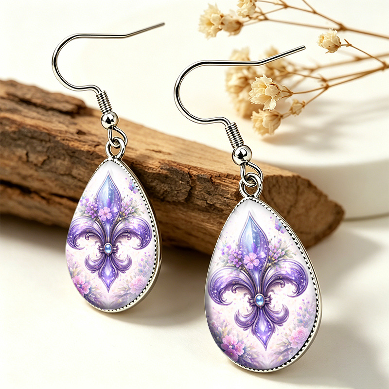 Unisex Purple Iris Flower Tear Drop Glass Cabochon Earrings