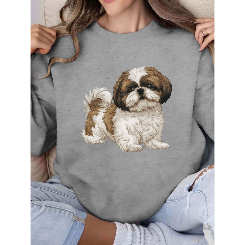 

Sweatshirt à Col Rond avec Imprimé Shih Tzu pour Femme - Pull Décontracté en Polyester, Lavable en Machine