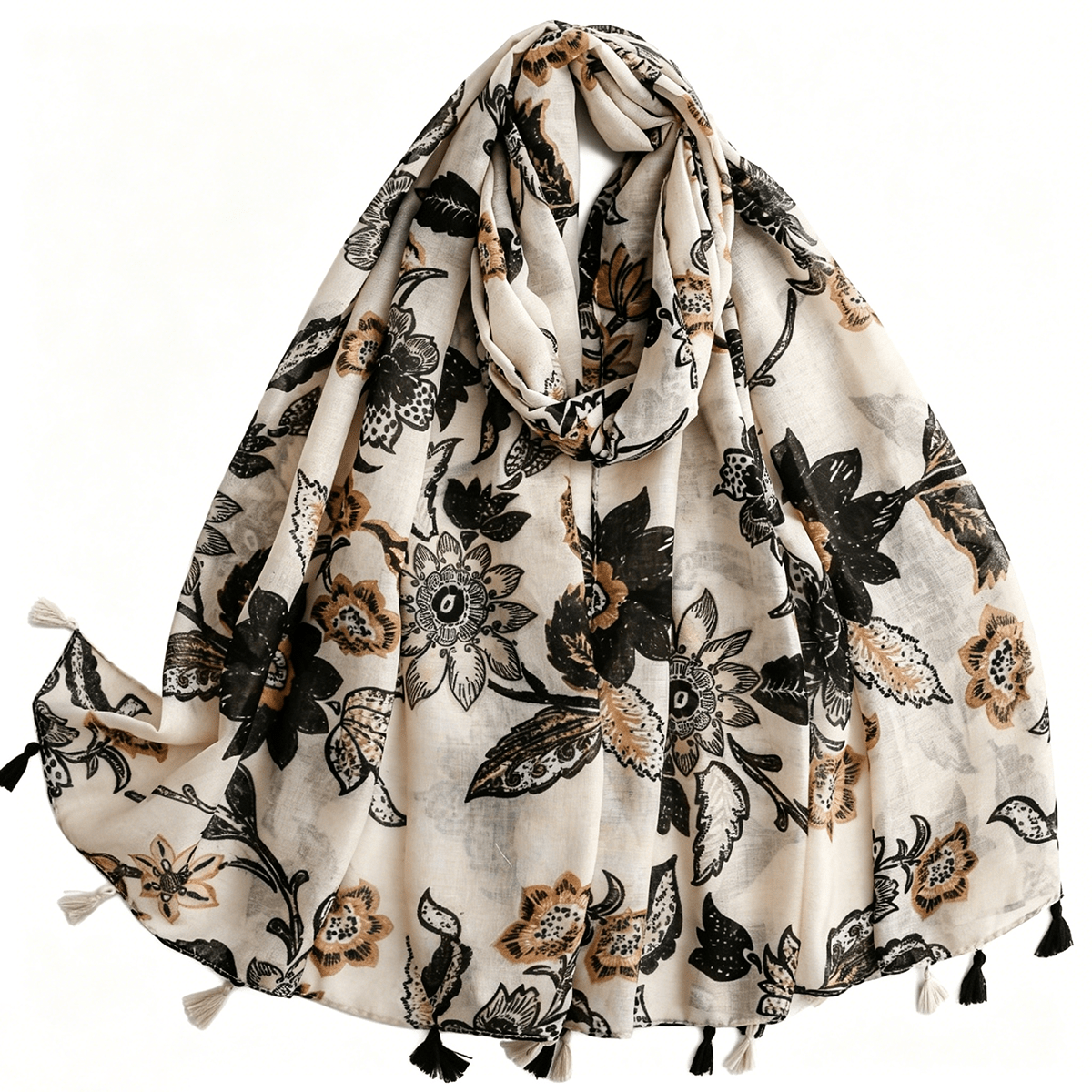 TEMU Women's Vintage Beige Floral Print Contrast Tassel Scarf, Spring Autumn Aesthetic Versatile Long Shawl 180 X 88cm Large Size -friendly Polyester