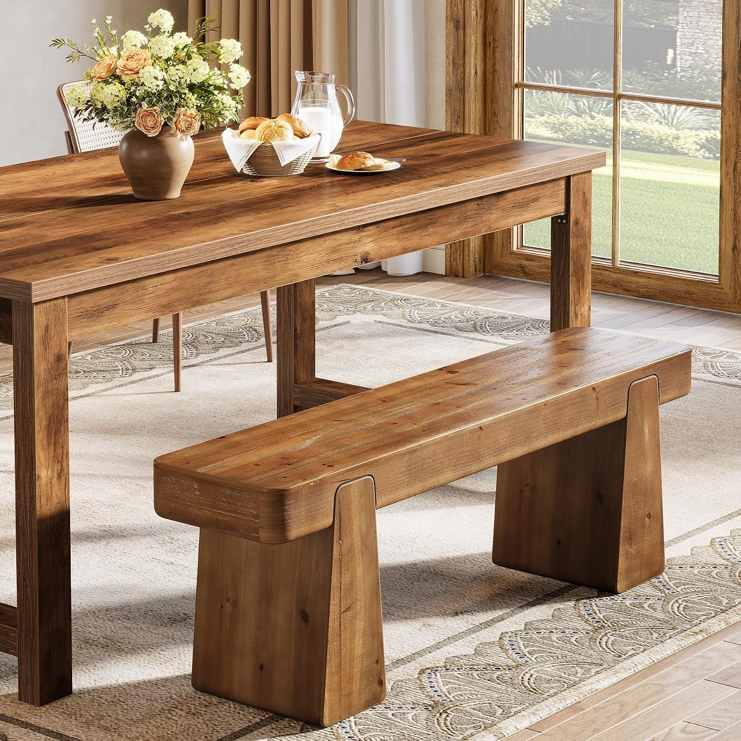 120cm Solid Wood Dining , Farmhouse Wooden With Thickened Legs, Heavy-duty Indoor For Dining Room, Entryway, Hallway, Kitchen & Bedroom, Dark Brown