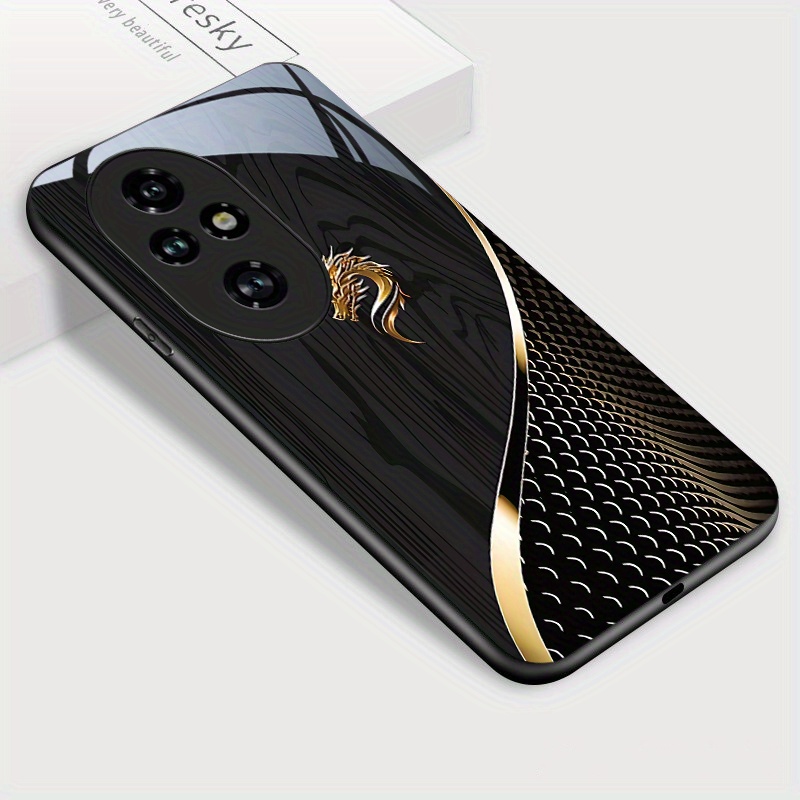 TEMU Fundas para Honor 200 Pro, Diseño de Cabeza de Dorado y Veta de Madera Negra en Vidrio Templado Antigolpes, Carcasa Trasera Protectora, Funda