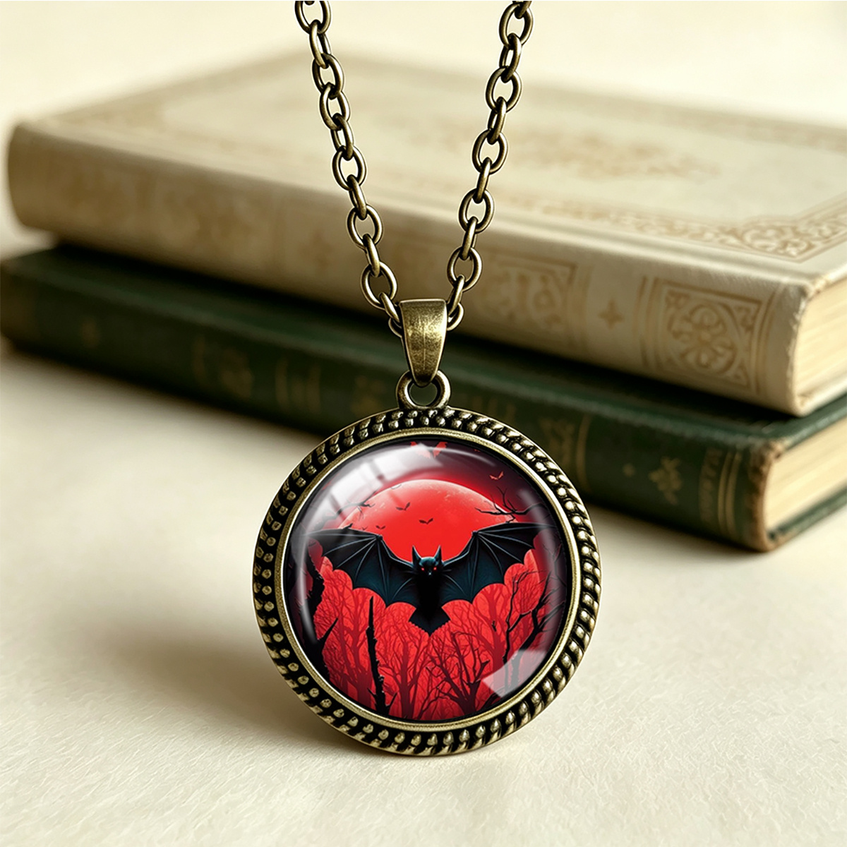 TEMU 1pc Red Moon Bat Halloween Print Pendant Necklace, Dark Horror Style Charm, 25mm Round Lace Glass Pendant Jewelry
