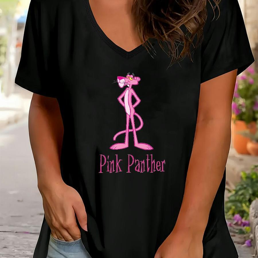 

Plus Size Black V-neck T-shirt For Women - Casual & Comfy With Pink Panther Cartoon Print, Short Sleeves, Stretchy Polyester Knit - Ideal Spring/summer Gift