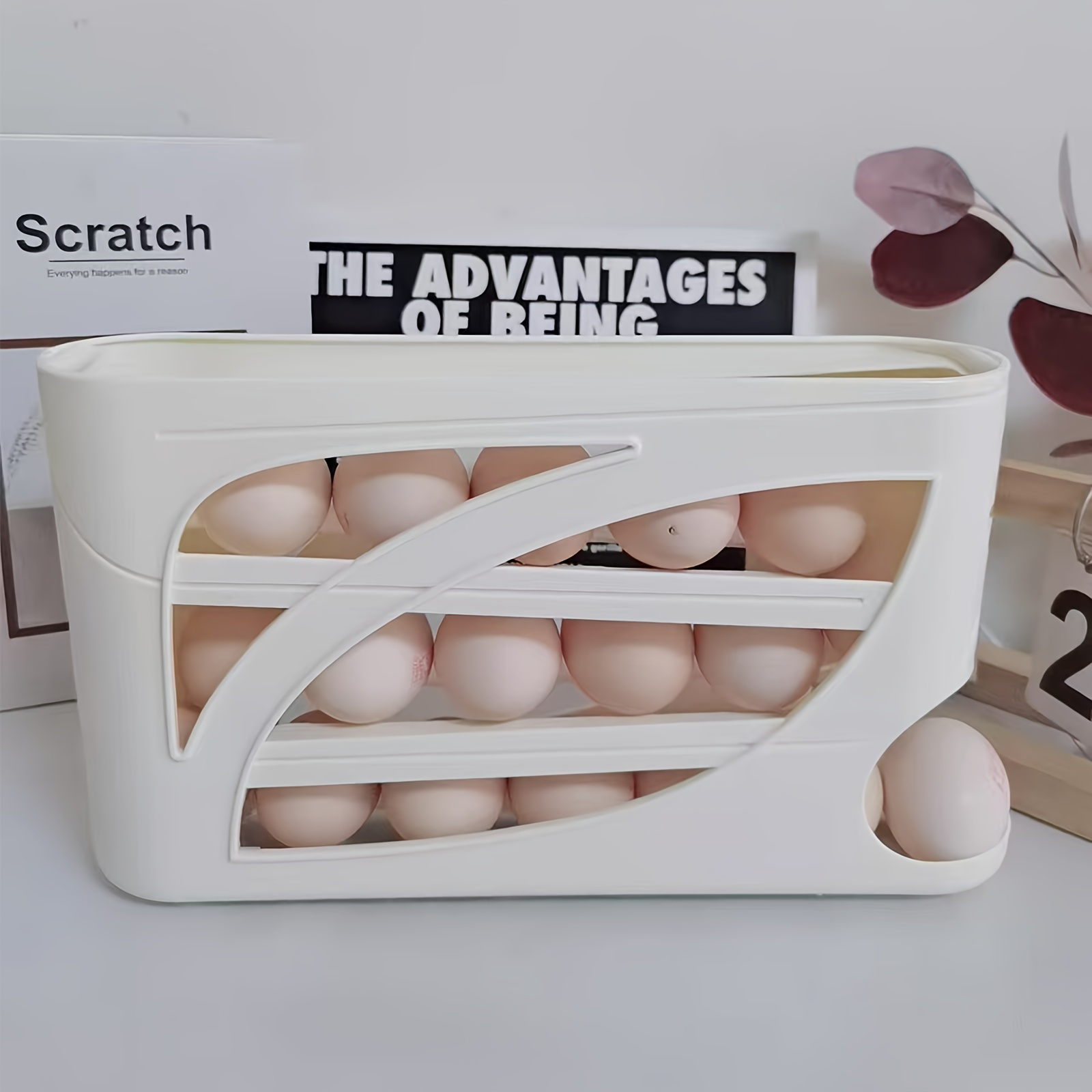 4-Tier Rolling Egg Holder - Space-Saving Side Door Design, Holds 30 Eggs, Smooth Glossy Finish, Convenient Handle | Suitable for Kitchen and Fridge Storage | Modern Kitchen Accessory | Durable Plastic Material