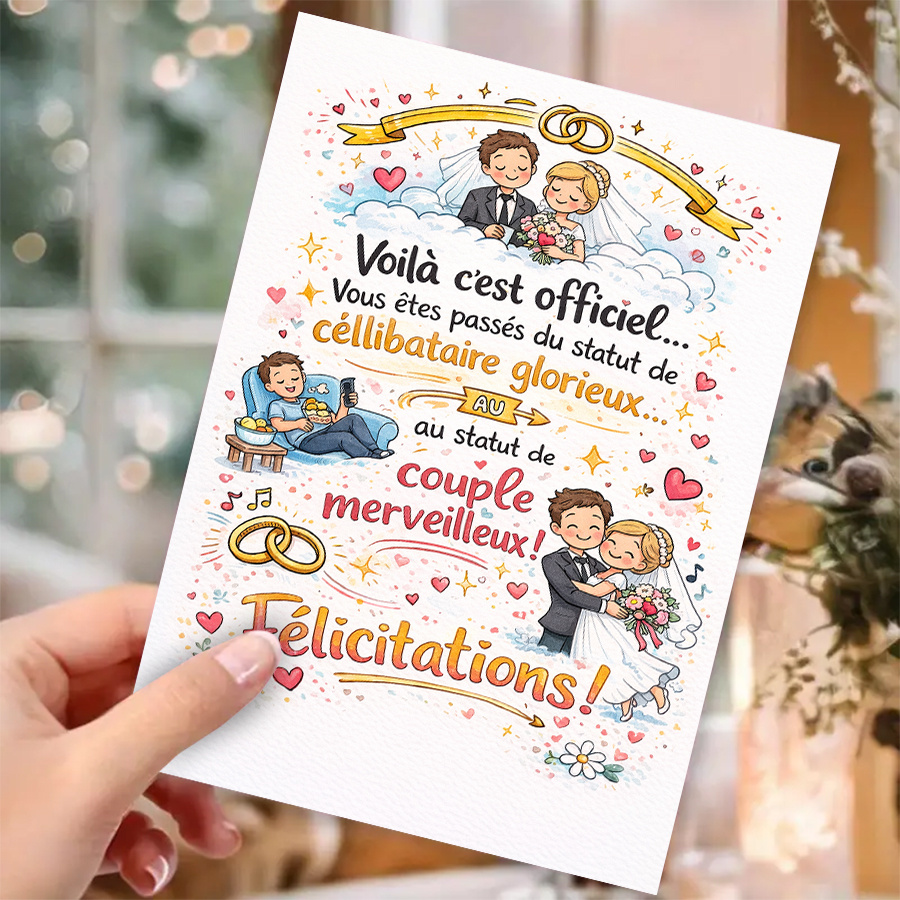 TEMU 1 Carte de Vœux + 1 Enveloppe Carte de Félicitations de Mariage Fantaisiste – Motif Ludique d'Inspiration Française Célébrant le Bond de