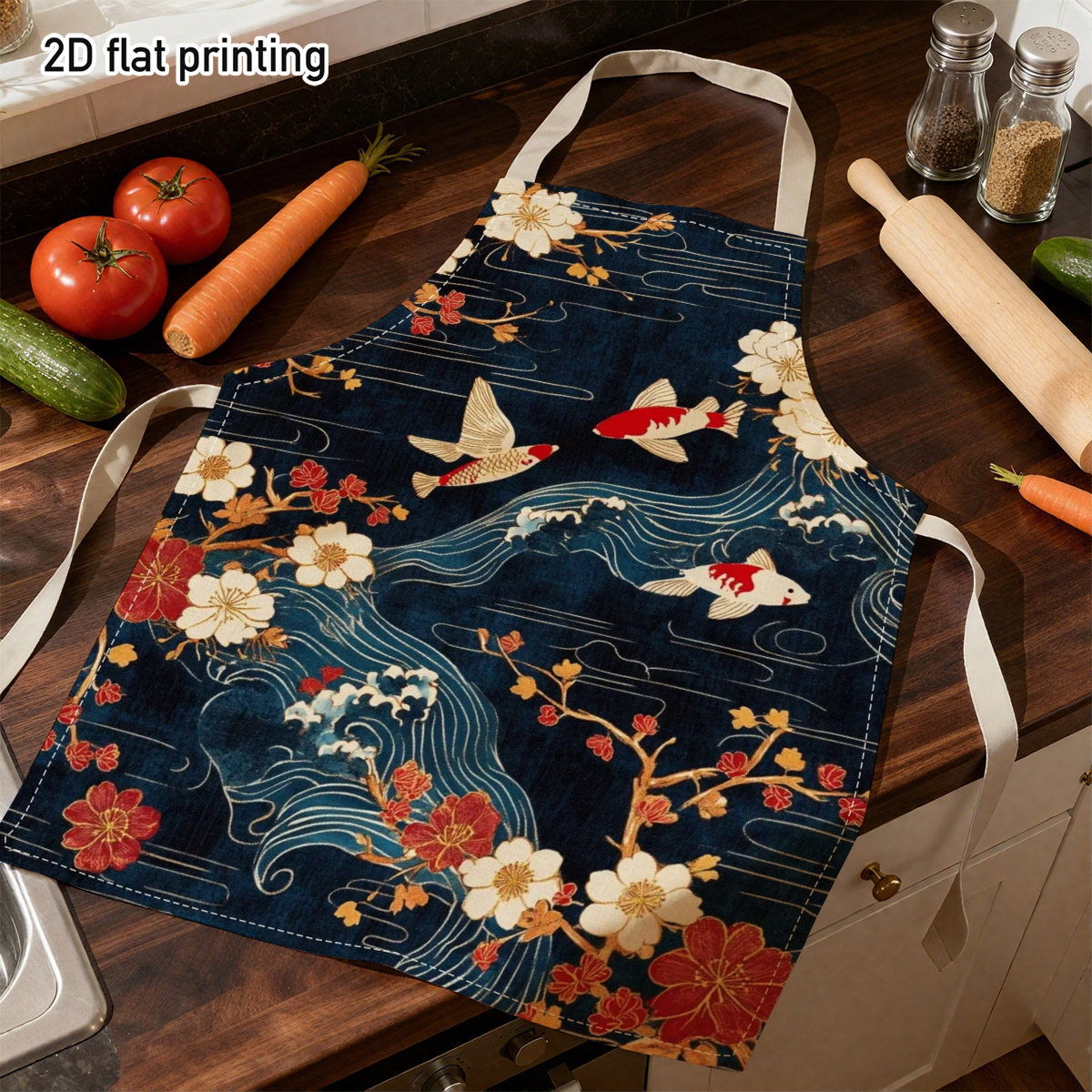 TEMU 1pc Japanese Chef Apron With Koi Fish & Cherry Design - Adjustable Waistband, Bib Suitable For Cooking, Baking, Bbq, Restaurants, Unisex Apron,