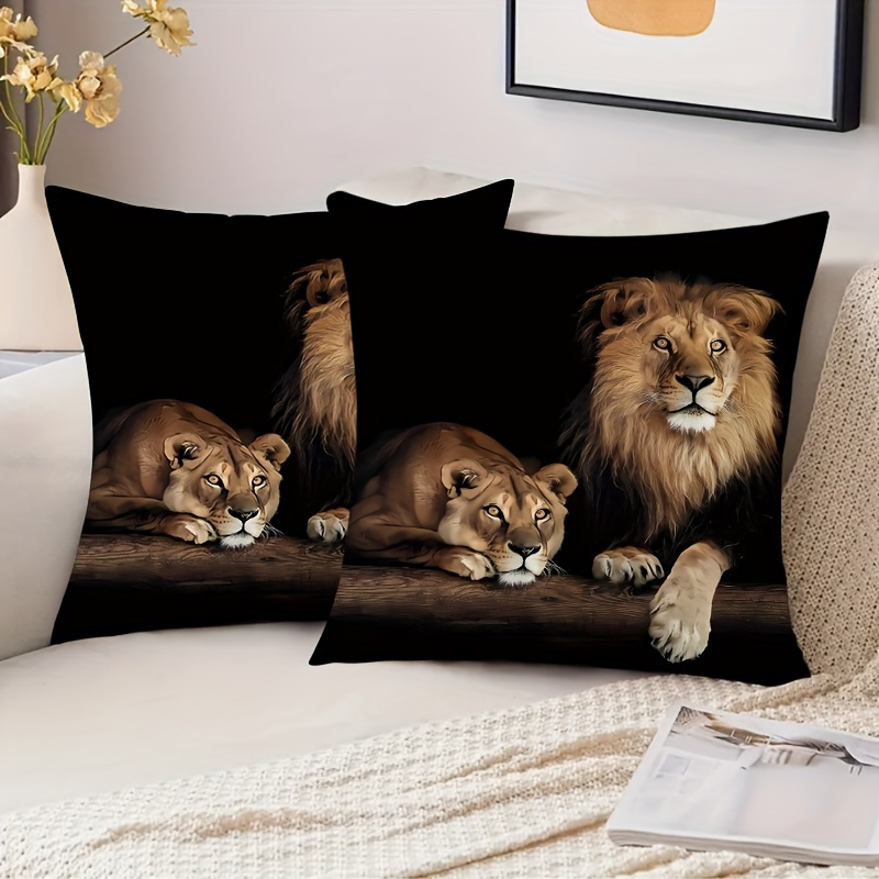 

2pcs Soft Polyester Cushion Covers, 18x18 Inches, Realistic Lion And Tigress Design On Black Background, Skin-friendly, Zip Closure, Ideal For Room Sofas, Contemporary Style