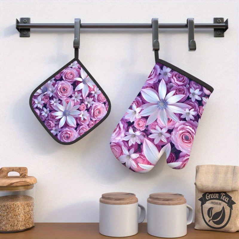 

2pcs Set Purple Floral Heat-resistant Oven Mitts & Pot Holders - 10.6x6.7" Polyester Kitchen Gloves For Cooking, Grilling, Baking - Machine Washable