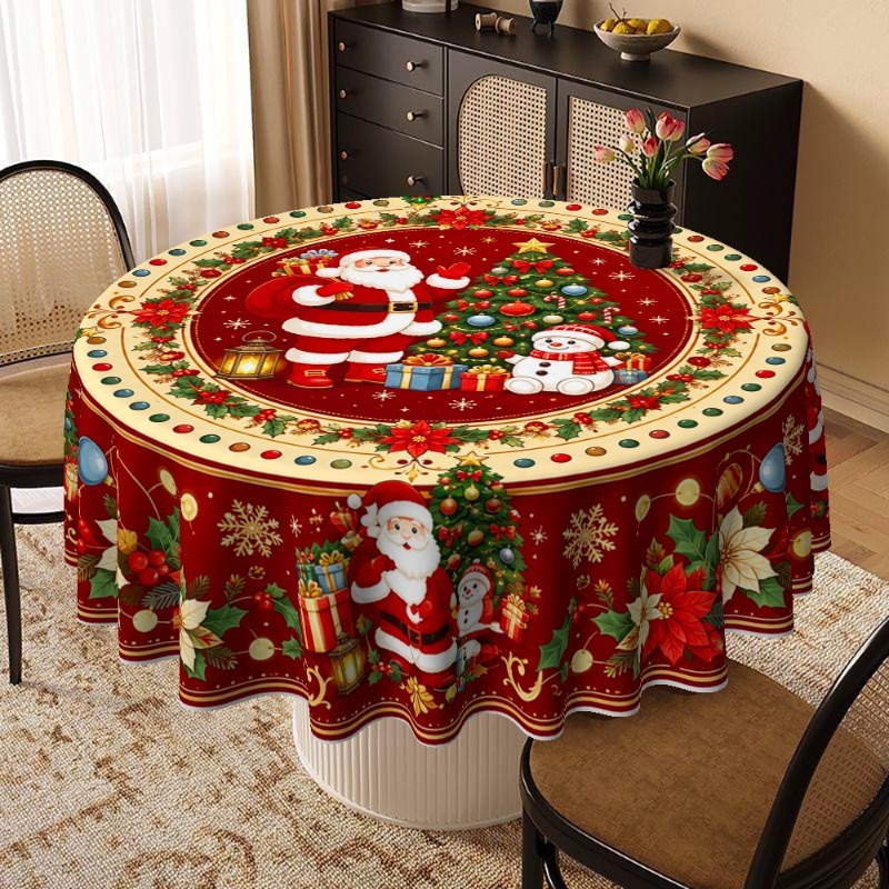TEMU Nappe de table 2D, 1 pièce, nappe ronde sur le thème de Noël, décorée avec le Père Noël, un de neige, un sapin de Noël et des ornements de fête,