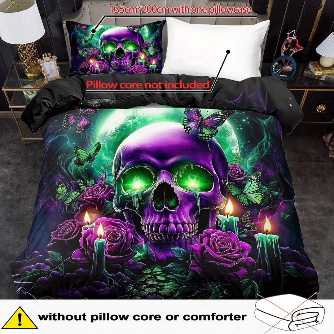 Image of 2/3pcs Bedding Set Duvet Cover Set Goth Comforter Cover Bedroom Decor 2d Skeleton Flat Printing (includes 1 Duvet Cover + 1/2 Pillowcases )