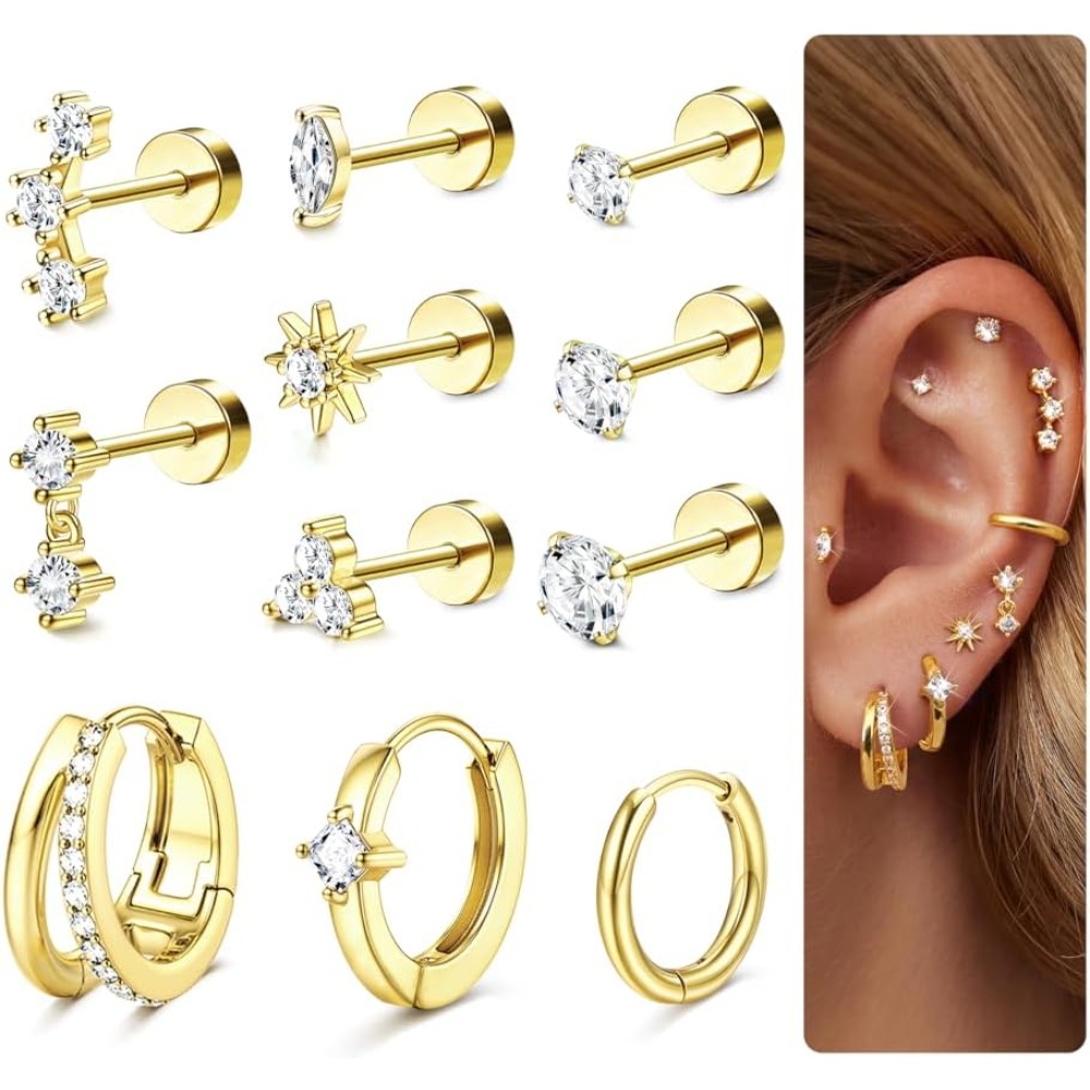TEMU Pendientes Planos 2D para Mujer, Pendientes de Cartílago con Cierre , Acero Quirúrgico Hipoalergénico, Juego de Pendientes de Aro y para Helix,
