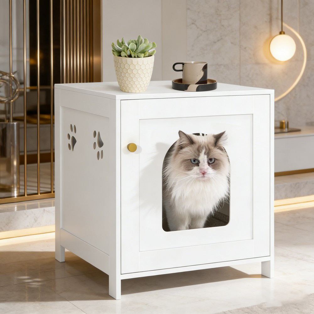 Cat Cabinet, Hidden Cat Toilet Furniture, Storage Cabinet Bench, Cat Washroom For Living Room Bedroom, White