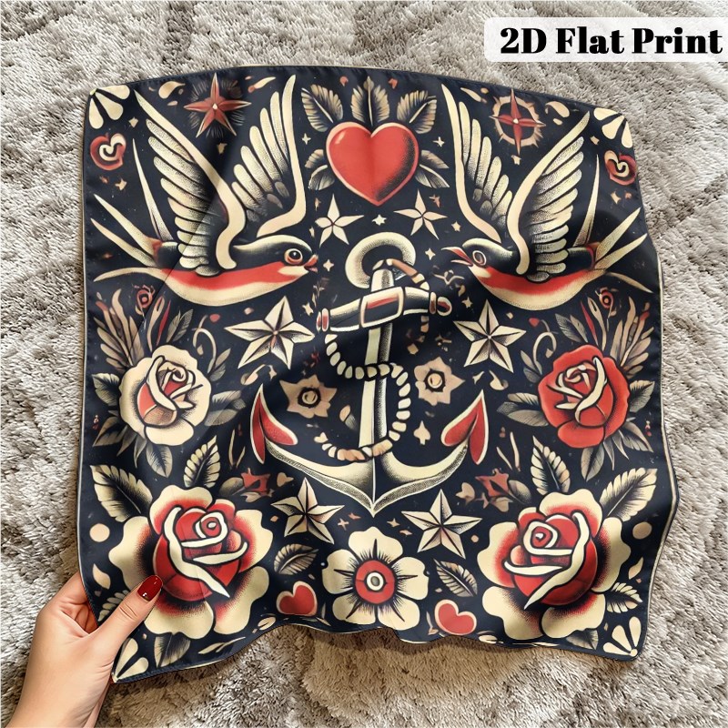 TEMU 1pc Foulard Carré, Design Tatuage Marin Traditionnel, pour et Respirant, Non Encombrant, Adapté aux Occasions Décontractées, Accessoire de Mode