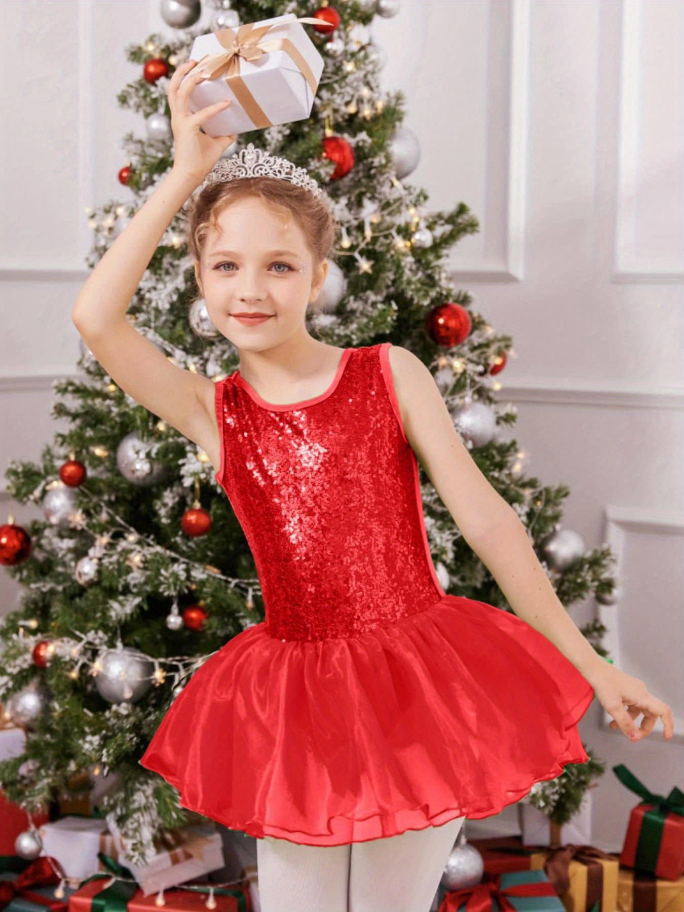 slim fit dress slacks H660 Christmas Gift – Red Sequin Holiday Dance Costume with Silver Foil Bow XXLA / 52 Red main image 1