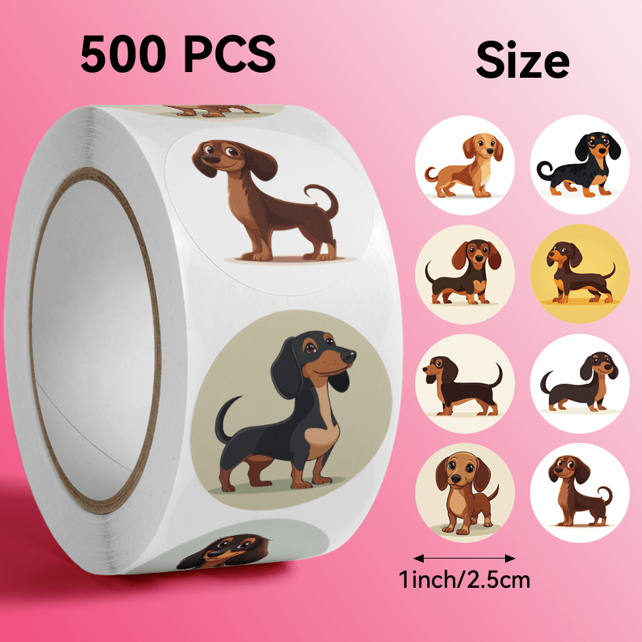Image of 500pcs Cute Dachshund Puppy Round Stickers, Size 2.5cm/1.0 Inch, Cute Animal Pattern, Sticker