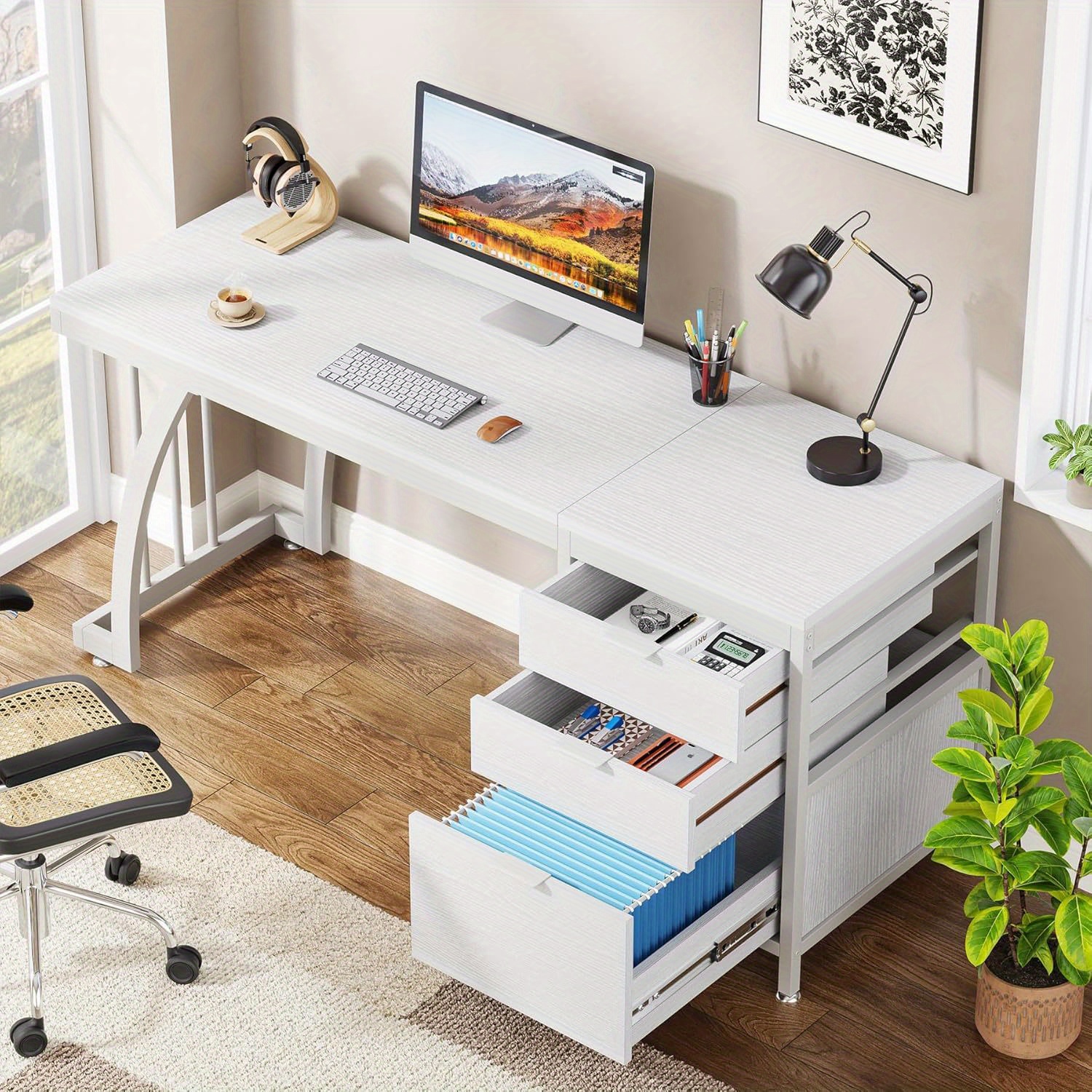 59 inch computer desk with 3 drawers   desk study writing table workstation with file storage home office desks with large desktop and metal frame white