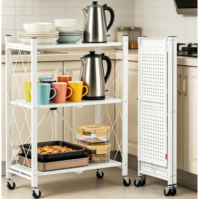 3 Layer Storage Rack, Kitchen Storage Rack With Wheels And 8 Hooks, Living Room Storage Metal Rack, Space Shelf Unit, Suitable For Kitchen Storage Storage Rack, Standing Shelf