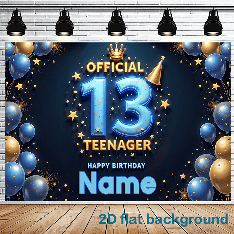 TEMU 2d Flat, 1pc Personalized 13th Birthday Party Banner - Custom Name, Golden And Blue Balloons, Design, 90.5x70.8 Inch Polyester Backing, Suitable