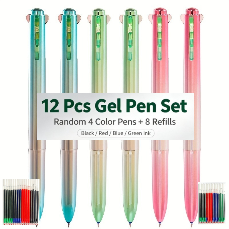 TEMU 12pcs Assorted Set Random 4-color Metallic End Click Pens And 8pcs Refills, 0.5mm St Nib Black Red Blue Green Ink, Student Practice Notes,