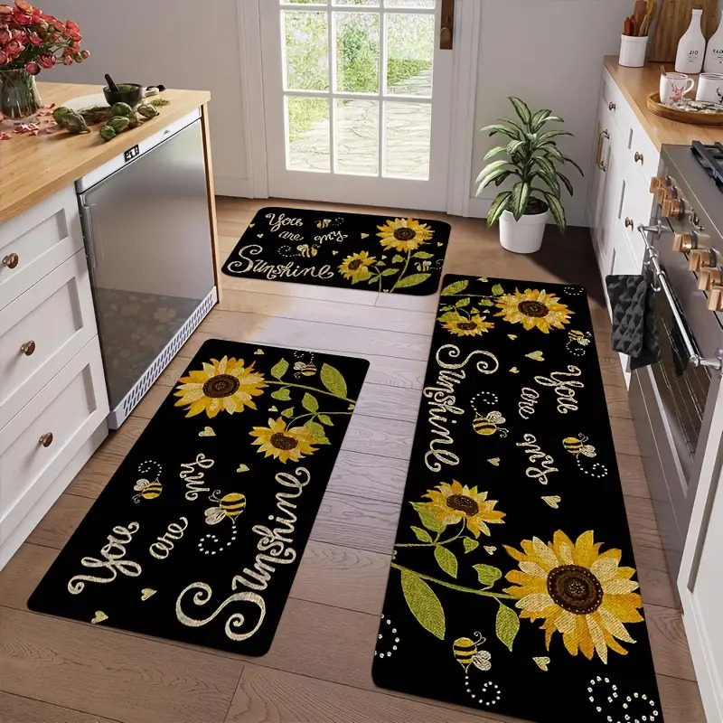 1pc Non-slip Kitchen Mat - Black And Yellow Sunflower Farmhouse Floor Mat With Non-slip Backing, -to-, Suitable For Kitchen, Bathroom, Living Room, Entryway - Home (1pc)