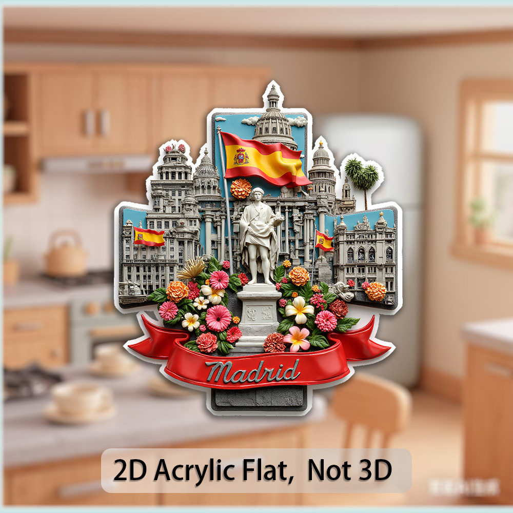 TEMU 1 imán 2D de Madrid para nevera | Escenario de española de material acrílico, con monumentos históricos y florales, decoración para el