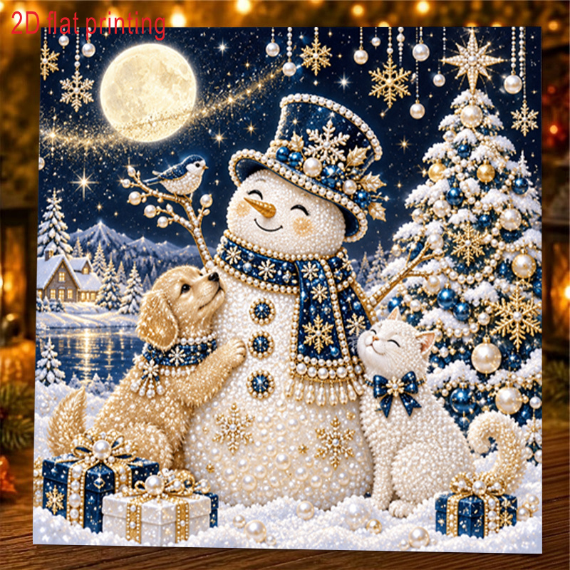 TEMU 1pc, 2d Flat Printing, Pearl Art Diamond Painting Kit, Warm Snowman With Cat And Dog Cozy Winter , Suitable For , Christmas, Halloween,