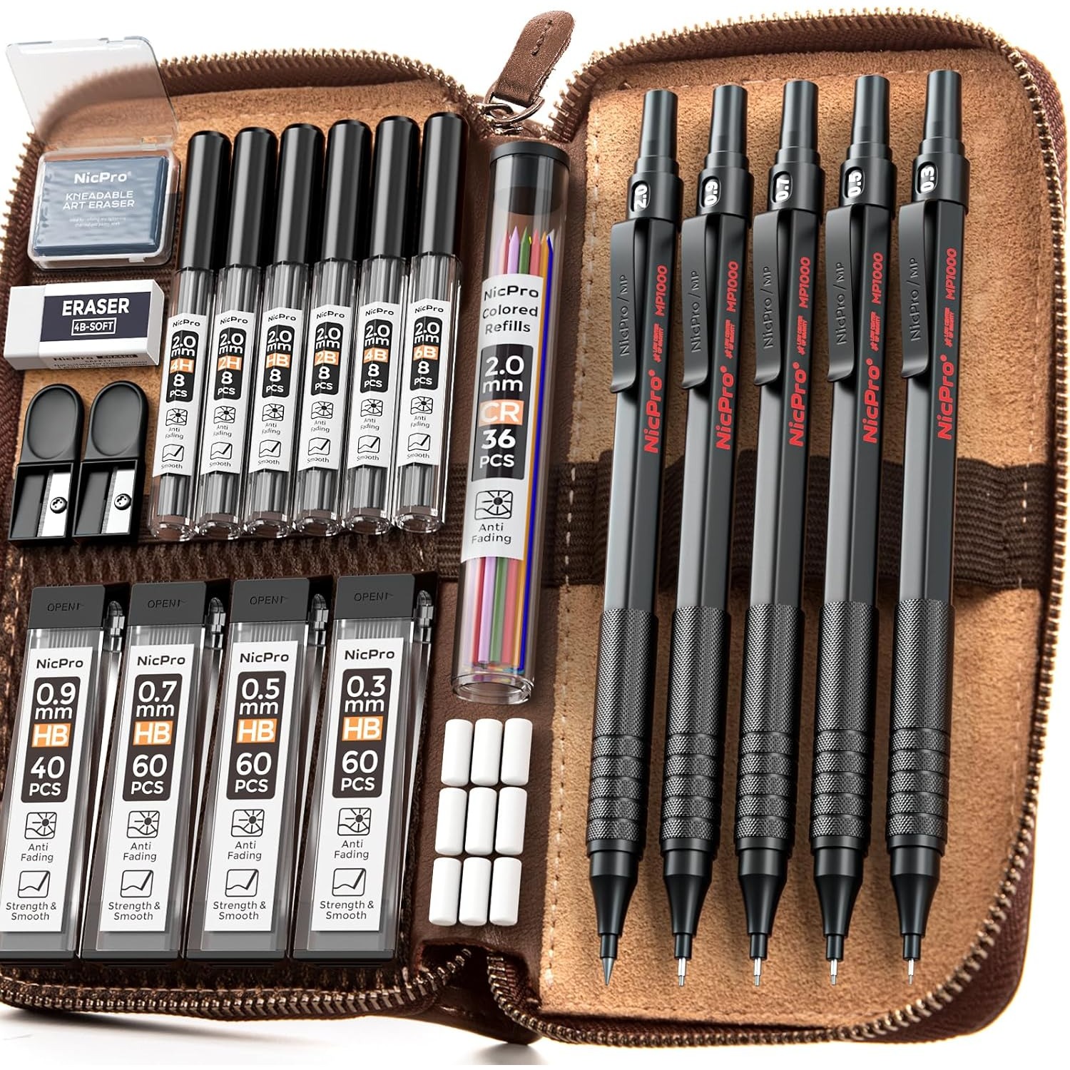 Image of Black Metal Mechanical Pencil Set In Leather Case, Drafting Pencils 0.3, 0.5, 0.7, 0. And 2mm Lead Holders, 9 Tube (4b 2b Hb 2h Colors) Lead Refills, Erasers For Art Sketching