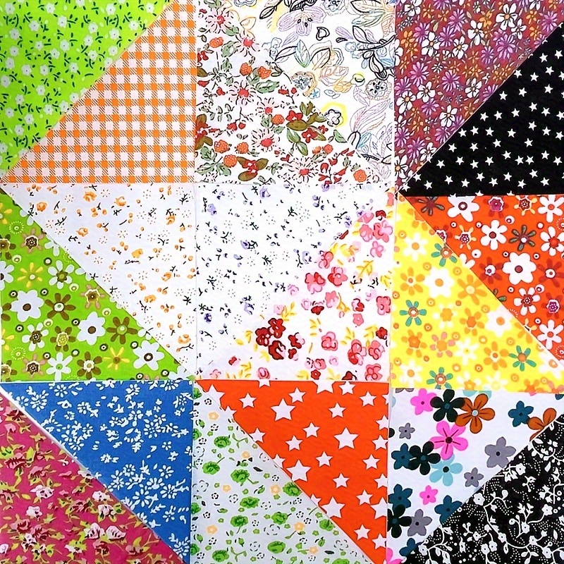 TEMU 200pcs 3.94x3.94x5.51 Inch Triangle Fabric Squares - Pre-cut Polyester Craft Squares With Floral, Polka Dot, Gingham & Star Patterns For Diy