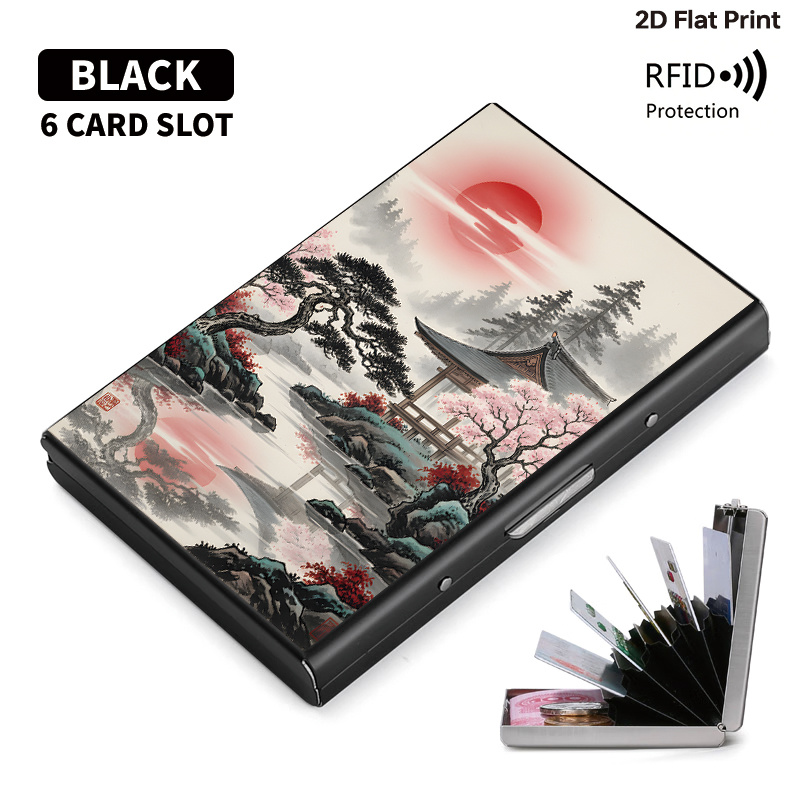 TEMU Ink Style Japanese Temple Cherry Stainless Steel Rfid Blocking Metal Wallet For Fashionable Black & Silvery Card Holder With Design Ideal Gift
