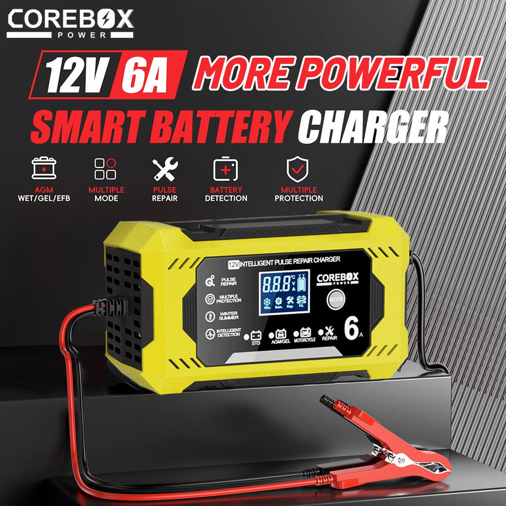 COREBOX Smart 12V Car Battery Charger & Maintainer - 6A Pulse Repair, LCD Display, Temperature Compensation for AGM, GEL, SLA & Wet Batteries, 4-100Ah Range, Auto Stop/ Fast Charging, Automotive Battery Charger | Portable Battery Charger